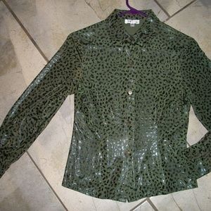 Via Seta Green Animal Print Long Sleeve Blouse 36